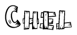 The image contains the name Chel written in a decorative, stylized font with a hand-drawn appearance. The lines are made up of what appears to be planks of wood, which are nailed together