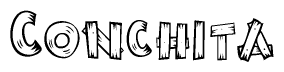 The image contains the name Conchita written in a decorative, stylized font with a hand-drawn appearance. The lines are made up of what appears to be planks of wood, which are nailed together
