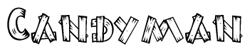 The image contains the name Candyman written in a decorative, stylized font with a hand-drawn appearance. The lines are made up of what appears to be planks of wood, which are nailed together