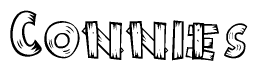 The clipart image shows the name Connies stylized to look as if it has been constructed out of wooden planks or logs. Each letter is designed to resemble pieces of wood.