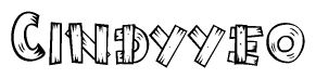 The image contains the name Cindyyeo written in a decorative, stylized font with a hand-drawn appearance. The lines are made up of what appears to be planks of wood, which are nailed together