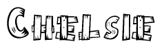 The image contains the name Chelsie written in a decorative, stylized font with a hand-drawn appearance. The lines are made up of what appears to be planks of wood, which are nailed together