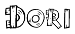 The image contains the name Dori written in a decorative, stylized font with a hand-drawn appearance. The lines are made up of what appears to be planks of wood, which are nailed together