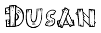 The clipart image shows the name Dusan stylized to look like it is constructed out of separate wooden planks or boards, with each letter having wood grain and plank-like details.