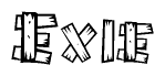 The image contains the name Exie written in a decorative, stylized font with a hand-drawn appearance. The lines are made up of what appears to be planks of wood, which are nailed together
