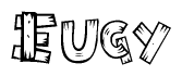 The image contains the name Eugy written in a decorative, stylized font with a hand-drawn appearance. The lines are made up of what appears to be planks of wood, which are nailed together