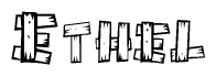 The image contains the name Ethel written in a decorative, stylized font with a hand-drawn appearance. The lines are made up of what appears to be planks of wood, which are nailed together