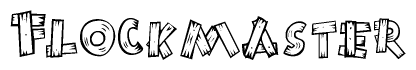 The image contains the name Flockmaster written in a decorative, stylized font with a hand-drawn appearance. The lines are made up of what appears to be planks of wood, which are nailed together