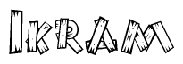 The clipart image shows the name Ikram stylized to look as if it has been constructed out of wooden planks or logs. Each letter is designed to resemble pieces of wood.