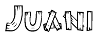 The image contains the name Juani written in a decorative, stylized font with a hand-drawn appearance. The lines are made up of what appears to be planks of wood, which are nailed together