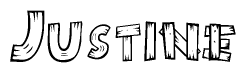 The image contains the name Justine written in a decorative, stylized font with a hand-drawn appearance. The lines are made up of what appears to be planks of wood, which are nailed together