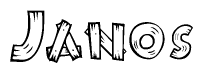The clipart image shows the name Janos stylized to look as if it has been constructed out of wooden planks or logs. Each letter is designed to resemble pieces of wood.