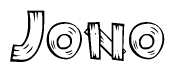 The image contains the name Jono written in a decorative, stylized font with a hand-drawn appearance. The lines are made up of what appears to be planks of wood, which are nailed together