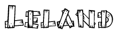 The image contains the name Leland written in a decorative, stylized font with a hand-drawn appearance. The lines are made up of what appears to be planks of wood, which are nailed together