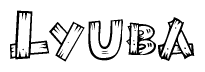 The image contains the name Lyuba written in a decorative, stylized font with a hand-drawn appearance. The lines are made up of what appears to be planks of wood, which are nailed together