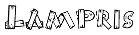 The image contains the name Lampris written in a decorative, stylized font with a hand-drawn appearance. The lines are made up of what appears to be planks of wood, which are nailed together