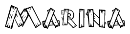 The image contains the name Marina written in a decorative, stylized font with a hand-drawn appearance. The lines are made up of what appears to be planks of wood, which are nailed together