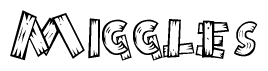 The image contains the name Miggles written in a decorative, stylized font with a hand-drawn appearance. The lines are made up of what appears to be planks of wood, which are nailed together