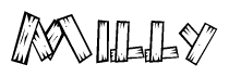 The clipart image shows the name Milly stylized to look as if it has been constructed out of wooden planks or logs. Each letter is designed to resemble pieces of wood.