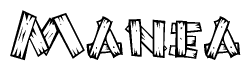 The image contains the name Manea written in a decorative, stylized font with a hand-drawn appearance. The lines are made up of what appears to be planks of wood, which are nailed together