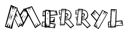 The image contains the name Merryl written in a decorative, stylized font with a hand-drawn appearance. The lines are made up of what appears to be planks of wood, which are nailed together