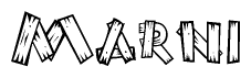 The image contains the name Marni written in a decorative, stylized font with a hand-drawn appearance. The lines are made up of what appears to be planks of wood, which are nailed together