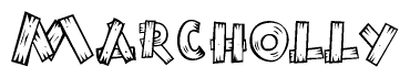 The clipart image shows the name Marcholly stylized to look like it is constructed out of separate wooden planks or boards, with each letter having wood grain and plank-like details.