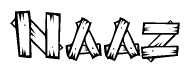 The image contains the name Naaz written in a decorative, stylized font with a hand-drawn appearance. The lines are made up of what appears to be planks of wood, which are nailed together