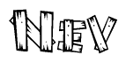 The image contains the name Nev written in a decorative, stylized font with a hand-drawn appearance. The lines are made up of what appears to be planks of wood, which are nailed together