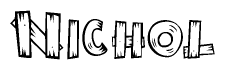 The image contains the name Nichol written in a decorative, stylized font with a hand-drawn appearance. The lines are made up of what appears to be planks of wood, which are nailed together
