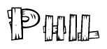 The clipart image shows the name Phil stylized to look like it is constructed out of separate wooden planks or boards, with each letter having wood grain and plank-like details.