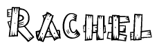 The image contains the name Rachel written in a decorative, stylized font with a hand-drawn appearance. The lines are made up of what appears to be planks of wood, which are nailed together