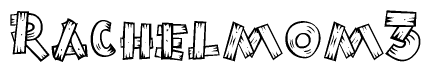 The image contains the name Rachelmom3 written in a decorative, stylized font with a hand-drawn appearance. The lines are made up of what appears to be planks of wood, which are nailed together