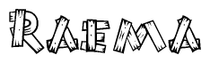 The image contains the name Raema written in a decorative, stylized font with a hand-drawn appearance. The lines are made up of what appears to be planks of wood, which are nailed together