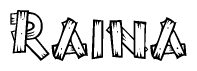 The clipart image shows the name Raina stylized to look as if it has been constructed out of wooden planks or logs. Each letter is designed to resemble pieces of wood.