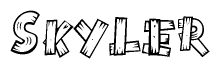 The clipart image shows the name Skyler stylized to look as if it has been constructed out of wooden planks or logs. Each letter is designed to resemble pieces of wood.