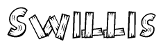 The image contains the name Swillis written in a decorative, stylized font with a hand-drawn appearance. The lines are made up of what appears to be planks of wood, which are nailed together