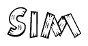 The image contains the name Sim written in a decorative, stylized font with a hand-drawn appearance. The lines are made up of what appears to be planks of wood, which are nailed together