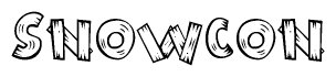 The image contains the name Snowcon written in a decorative, stylized font with a hand-drawn appearance. The lines are made up of what appears to be planks of wood, which are nailed together