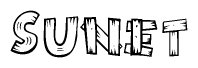 The clipart image shows the name Sunet stylized to look as if it has been constructed out of wooden planks or logs. Each letter is designed to resemble pieces of wood.