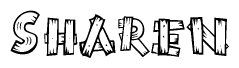 The image contains the name Sharen written in a decorative, stylized font with a hand-drawn appearance. The lines are made up of what appears to be planks of wood, which are nailed together