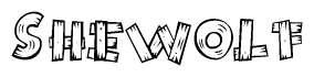 The image contains the name Shewolf written in a decorative, stylized font with a hand-drawn appearance. The lines are made up of what appears to be planks of wood, which are nailed together