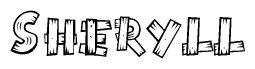 The image contains the name Sheryll written in a decorative, stylized font with a hand-drawn appearance. The lines are made up of what appears to be planks of wood, which are nailed together