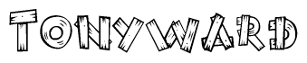 The image contains the name Tonyward written in a decorative, stylized font with a hand-drawn appearance. The lines are made up of what appears to be planks of wood, which are nailed together