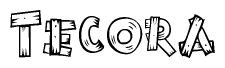 The image contains the name Tecora written in a decorative, stylized font with a hand-drawn appearance. The lines are made up of what appears to be planks of wood, which are nailed together