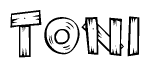 The image contains the name Toni written in a decorative, stylized font with a hand-drawn appearance. The lines are made up of what appears to be planks of wood, which are nailed together