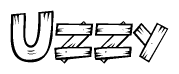 The image contains the name Uzzy written in a decorative, stylized font with a hand-drawn appearance. The lines are made up of what appears to be planks of wood, which are nailed together