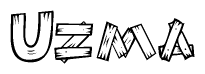The image contains the name Uzma written in a decorative, stylized font with a hand-drawn appearance. The lines are made up of what appears to be planks of wood, which are nailed together