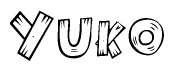 The clipart image shows the name Yuko stylized to look like it is constructed out of separate wooden planks or boards, with each letter having wood grain and plank-like details.