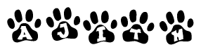 The image shows a row of animal paw prints, each containing a letter. The letters spell out the word Ajith within the paw prints.